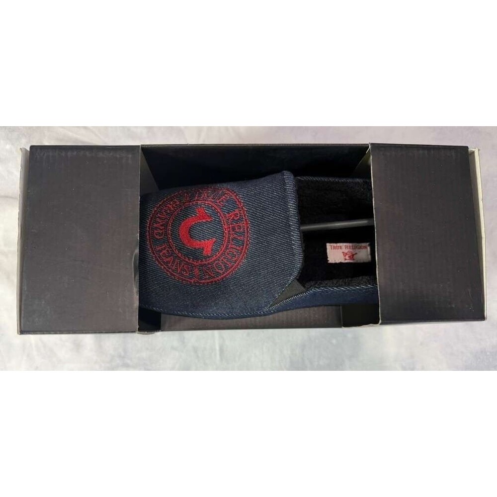 True Religion Men’s Denim Slippers Medium Blue Red Logo New With Box - Picture 3 of 5